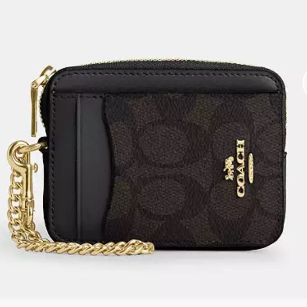 Coach Black and Brown Card Wallet with Gold Accents